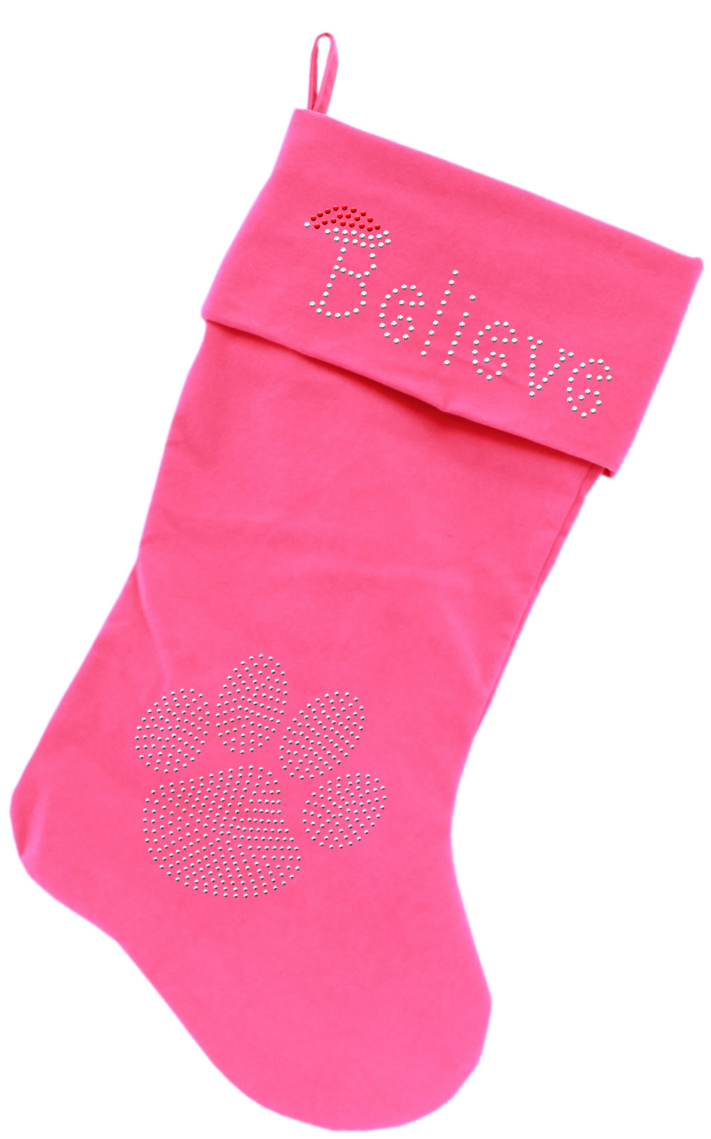 Believe Rhinestone 18 inch Velvet Christmas Stocking Pink